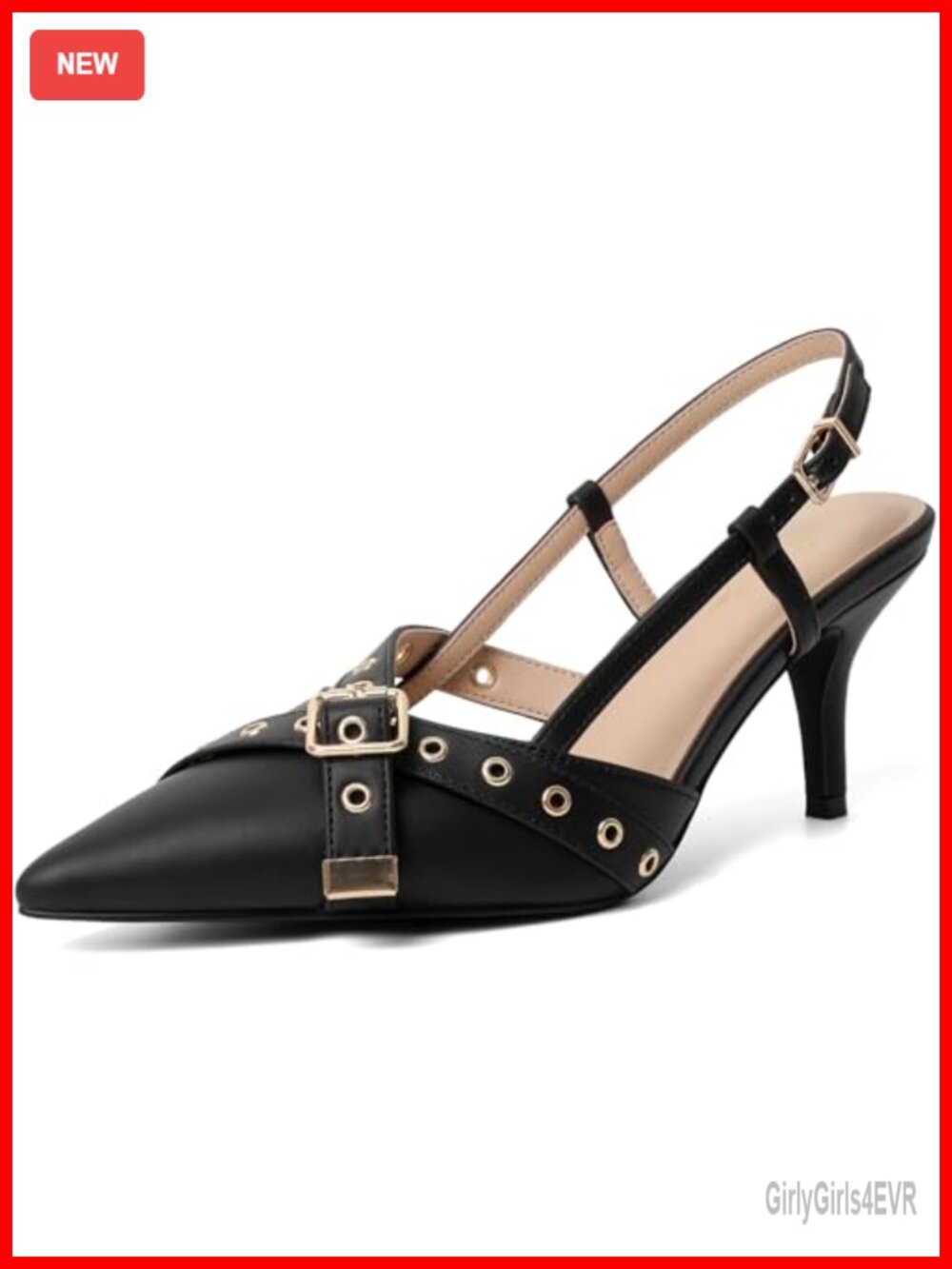 Kitten Heels Pointed Closed Toe Slingback Buckle Strap Faux Leather Pumps